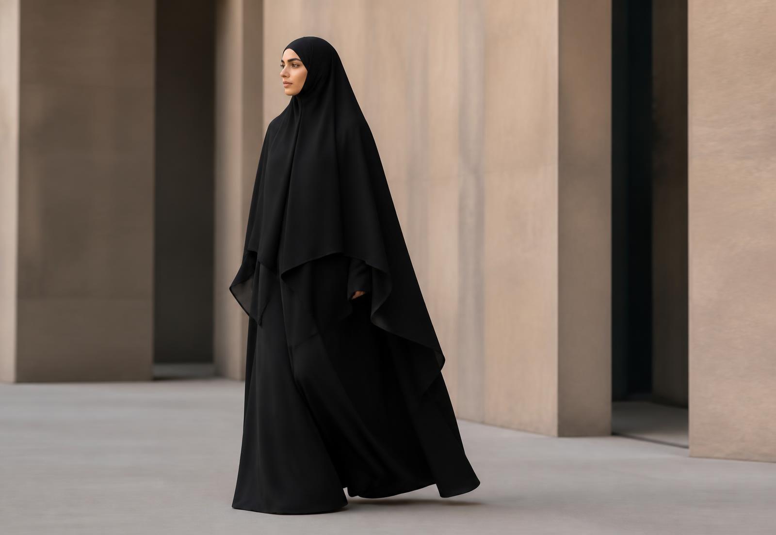 Woman wearing a black two-piece jilbab walking past warm concrete architecture
